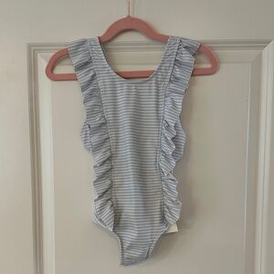 Minnow Swim - Striped Blue Ruffled Kids One Piece - size 3/4T